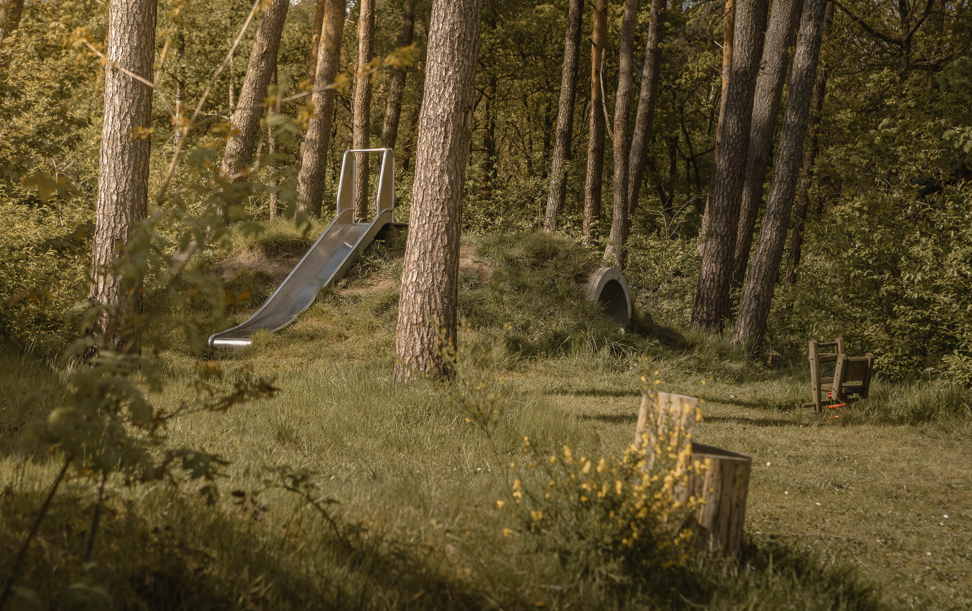 Speeltoestel dichtbij bungalow aan de bosrand bij Lemeler Esch natuurcamping