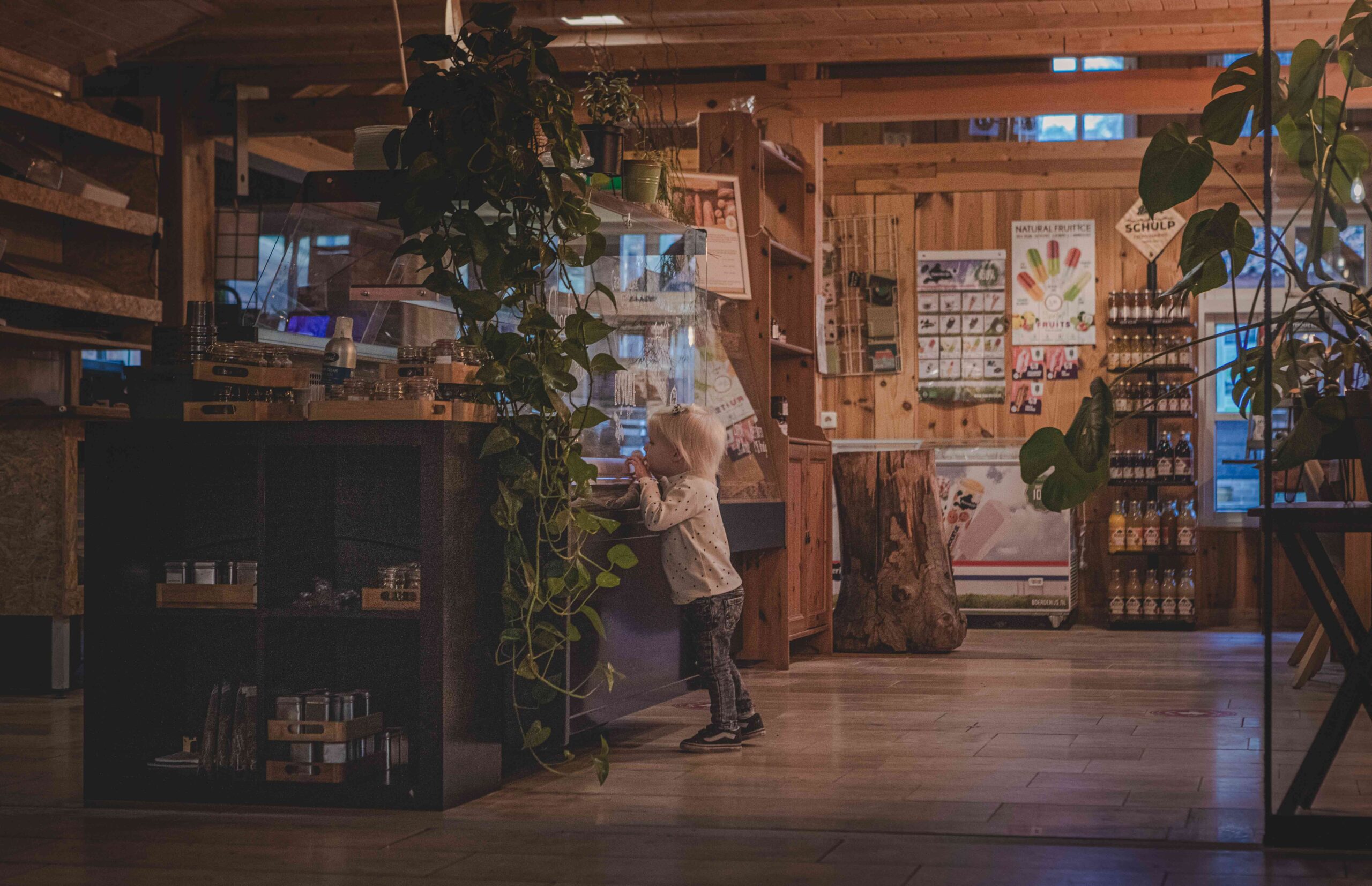 Kind kijkt bij taartvitrine in de streekwinkel bij Boscafé Lemeler Esch