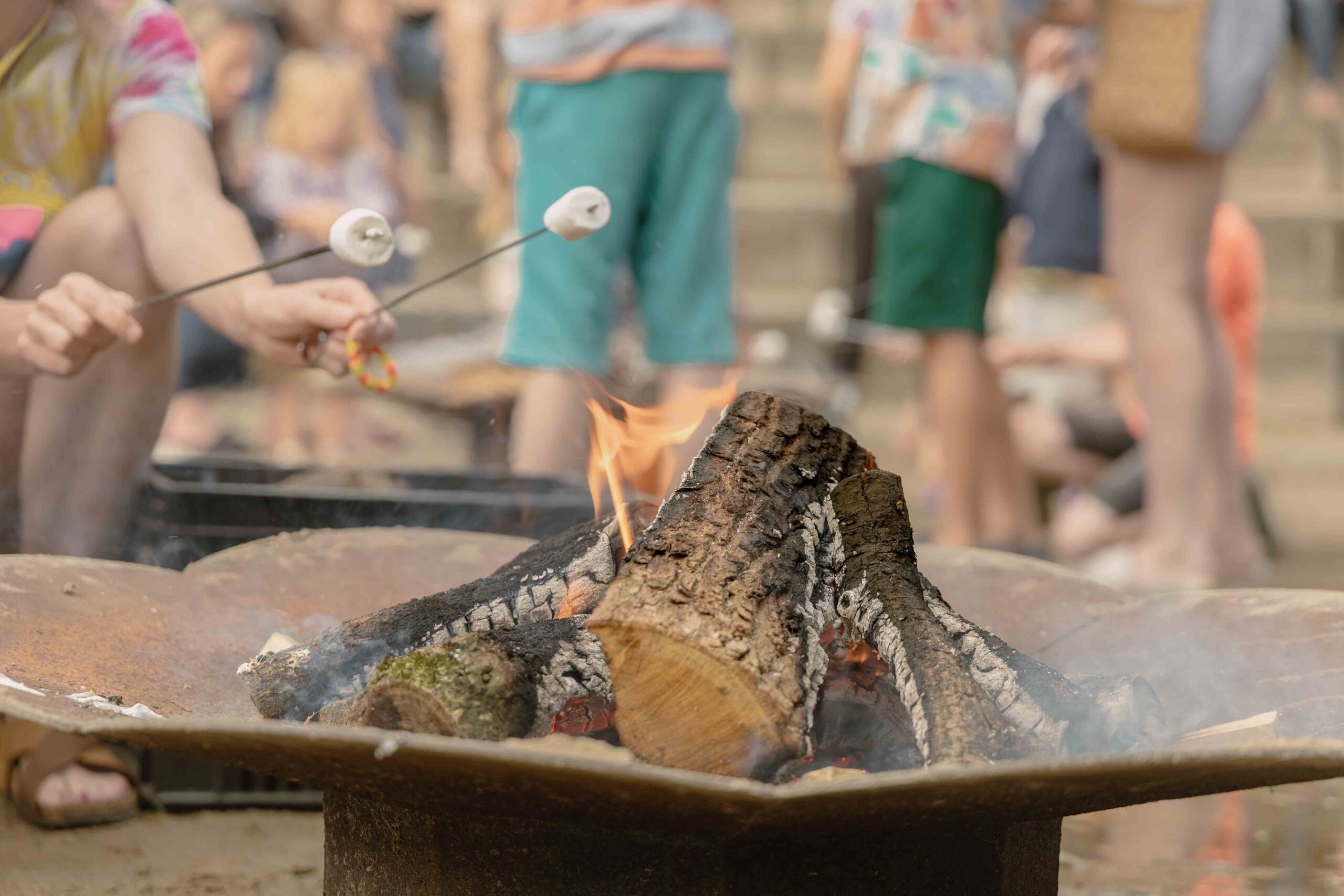 Marshmallows roosteren bij kampvuur in buitentheater van Lemeler Esch